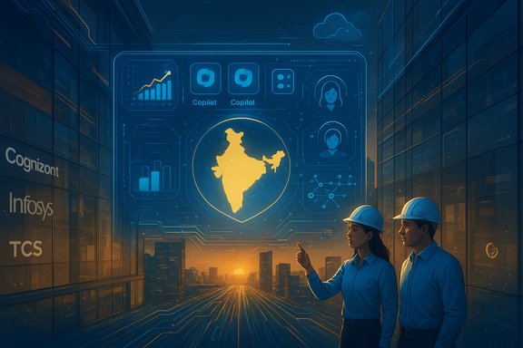 Two engineers in hard hats study a holographic dashboard showing India's map in a futuristic data center.