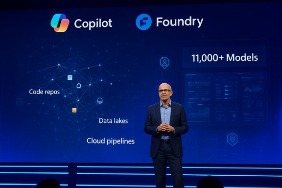 Speaker on stage presenting Copilot and Foundry branding with 11,000+ models and data pipelines.