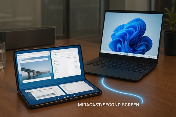 A foldable dual-screen device serves as a Miracast wireless second screen for a laptop. A foldable dual-screen device serves as a Miracast wireless second screen for a laptop.
