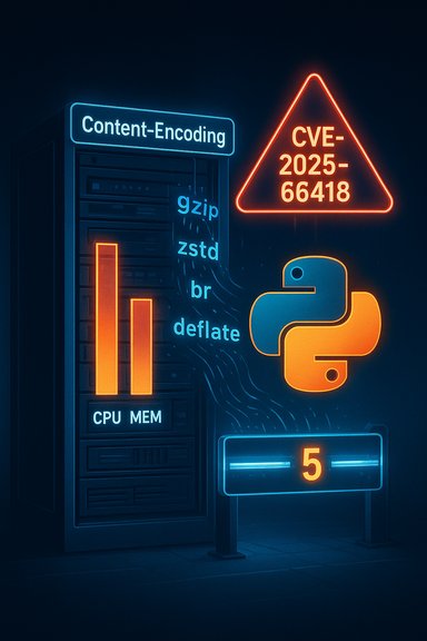 Neon server rack labeled Content-Encoding with a Python logo and a CVE-2025-66418 alert.