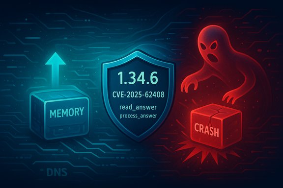 Cybersecurity illustration: a shield labeled 1.34.6 and CVE-2025-62408 defends memory from a red crash ghost.
