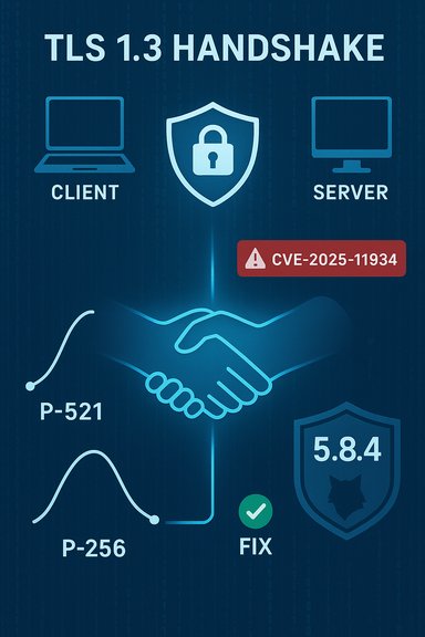 TLS 1.3 handshake between client and server with a security shield, CVE alert, and fix.