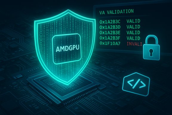 A glowing AMDGPU shield protects a circuit-board with validation status and a padlock.