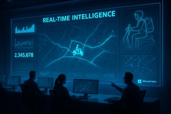 A real-time intelligence command center with neon blue maps, charts, and analysts monitoring routes.