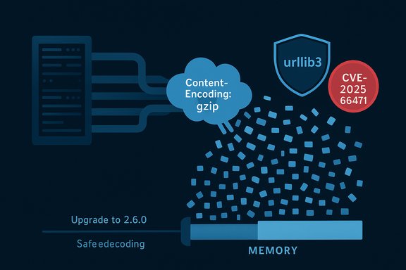 Tech infographic of gzip content-encoding flowing into memory with a CVE-2025-66471 badge.