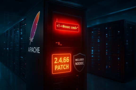Neon-lit Apache server rack displaying patch 2.4.66 and a NOEXEC shield.