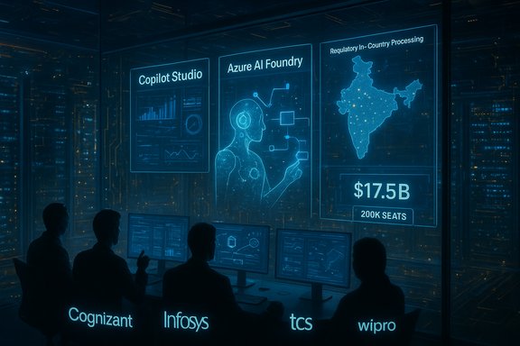 Analysts in a neon-blue data center monitor holographic dashboards on AI, analytics, and maps.