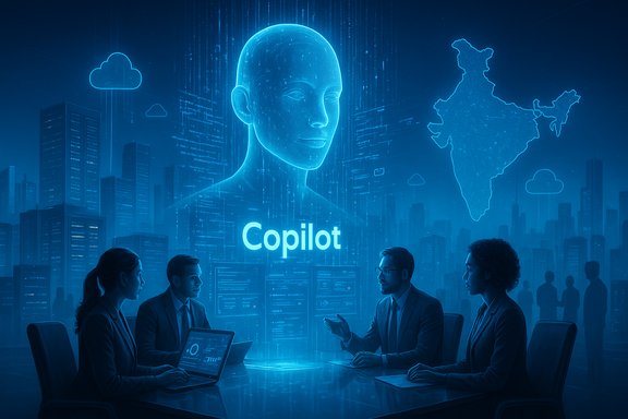 Team of professionals in a futuristic briefing around a table, with a holographic Copilot and India map backdrop.