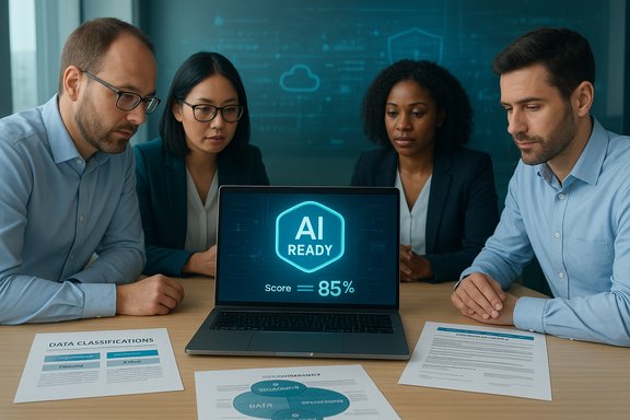 Diverse team reviews an AI readiness score of 85% on a laptop.