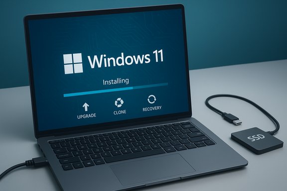 Laptop showing Windows 11 installing with upgrade, clone, and recovery options.