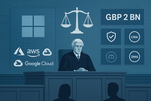 Judge presides in a courtroom with cloud provider logos and scales of justice.