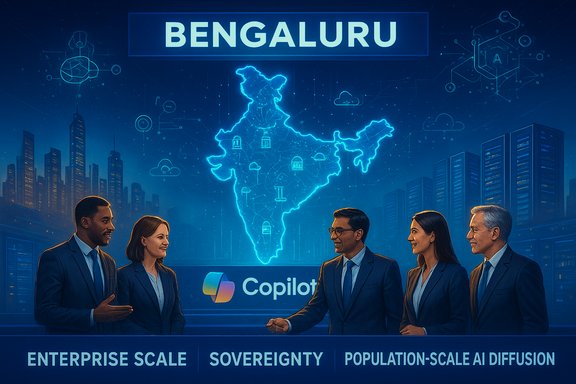 Business team in Bengaluru demonstrates AI scale on a holographic map of India.