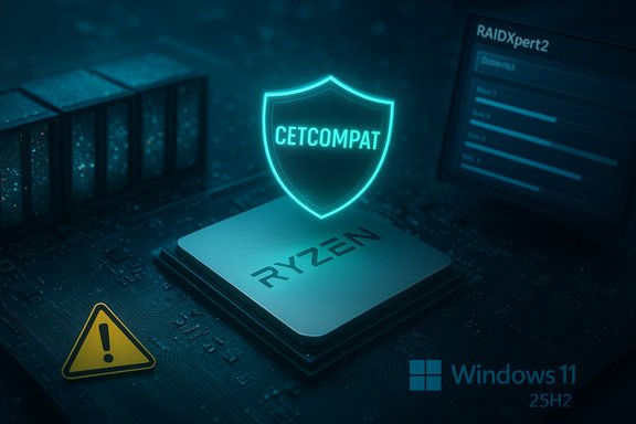 Ryzen CPU on a motherboard with a glowing CETCOMPAT shield, Windows 11 25H2 logo nearby.