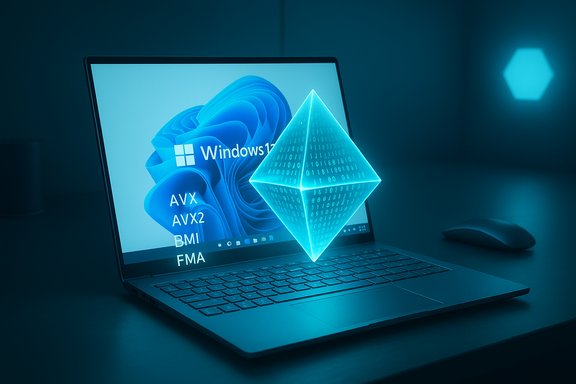 Windows 11 laptop with a glowing blue holographic diamond hovering above the keyboard.
