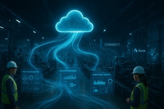 Two workers in safety gear observe blue cloud-data streams in a high-tech factory.