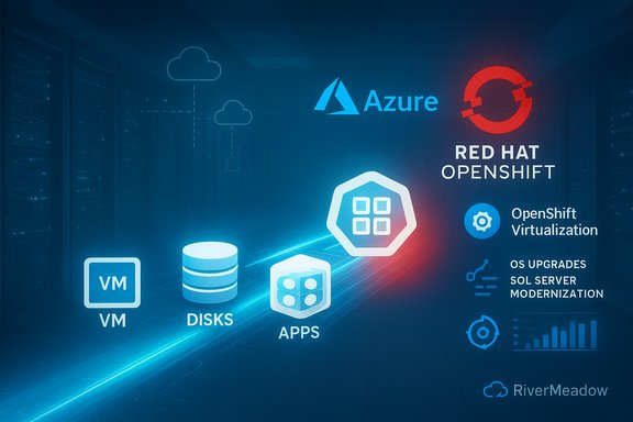 Blue data-center scene with Azure and Red Hat OpenShift logos and VM, disks, and apps icons.