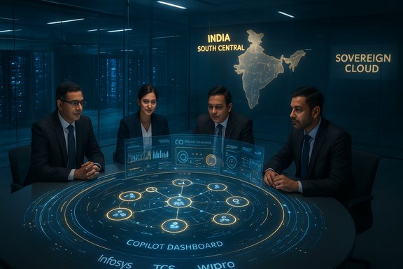 Four suited professionals study a glowing holographic dashboard in a high-tech control room.