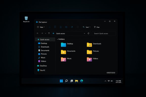 Dark-themed Windows File Explorer showing Quick access and standard folders on the desktop.