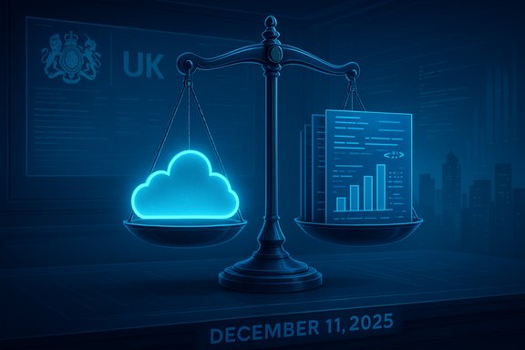 Blue-lit scales balance a glowing cloud against data sheets.