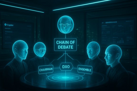 Futuristic holographic debate room with five avatars around a glowing circular table.