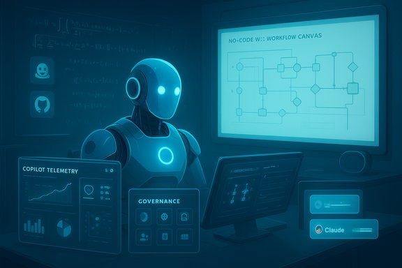 A blue-lit robot sits at a high-tech command desk, monitoring workflows and telemetry.