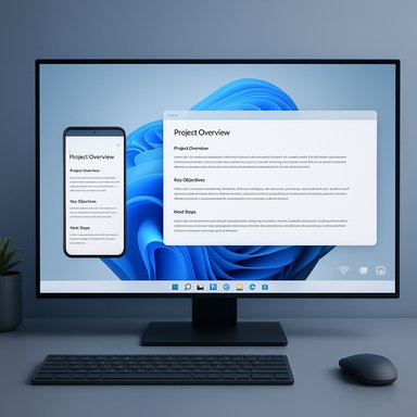 Modern workspace with a monitor and smartphone displaying a Project Overview document.