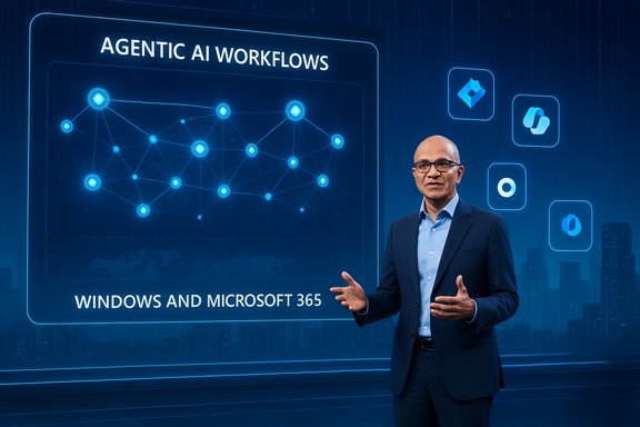 A businessman presents Agentic AI Workflows for Windows and Microsoft 365, beside a glowing blue network diagram.