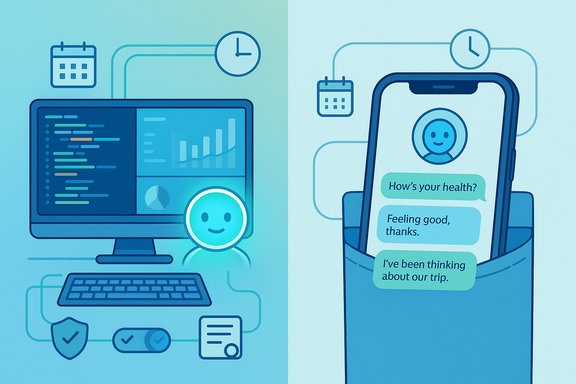 Split-screen illustration: a coding desk on the left and a health chat on a smartphone on the right. Split-screen illustration: a coding desk on the left and a health chat on a smartphone on the right.