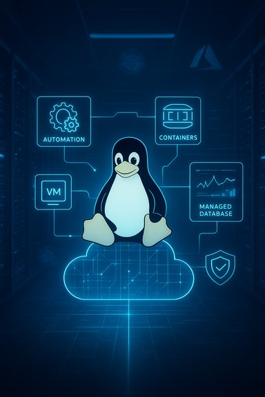 Linux penguin sits on a glowing cloud amid icons for automation, containers, VM, and databases.