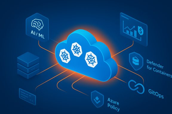 Cloud hub linking Kubernetes, AI/ML, GitOps, policy, and container security.