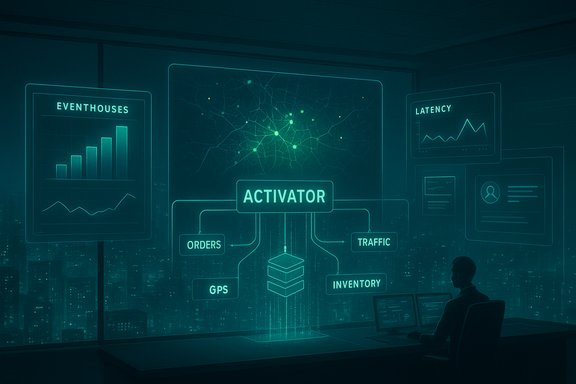 Futuristic control room with an ACTIVATOR hub connecting orders, traffic, GPS, and inventory.