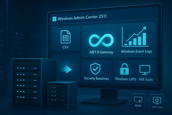 Windows Admin Center 2511 dashboard showing CSV, .NET 8 Gateway, Event Logs, and security tiles.
