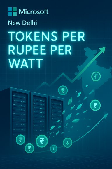 Microsoft New Delhi promotes Tokens per Rupee per Watt, shown with servers and India’s rising market.