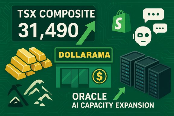 Financial montage: TSX Composite climbs to 31,490 with gold, AI expansion, and servers.