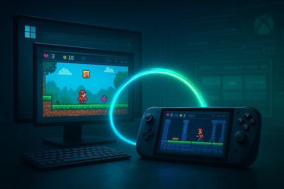 Neon-lit setup with retro pixel-art games on a monitor and a handheld console.