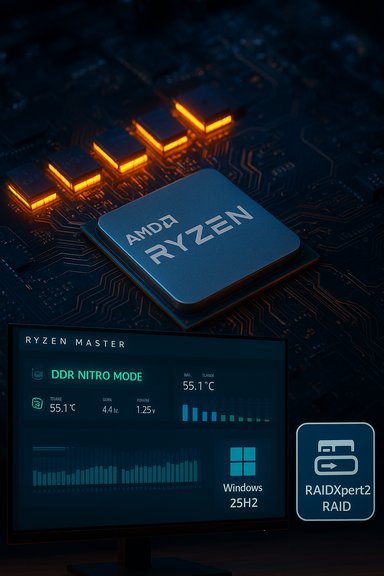 AMD Ryzen CPU on a motherboard with glowing orange capacitors and DDR Nitro Mode display.
