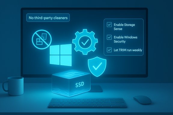 A neon blue screen displays Windows security icons and a checklist, with an illuminated SSD cube in front.
