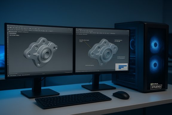 Two monitors show a 3D CAD model of a mechanical part on a blue-lit workstation.