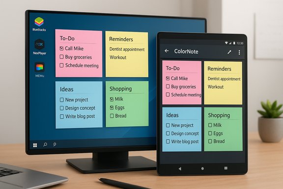 Two screens display colorful digital sticky notes for To-Do, Reminders, Ideas and Shopping.