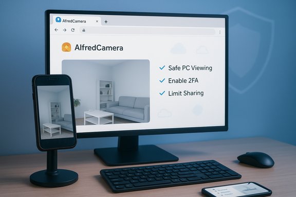 Desk setup shows AlfredCamera interface on monitor and a phone displaying a living room feed.