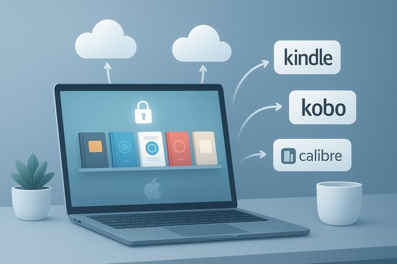 Laptop shows an e-book shelf syncing to Kindle, Kobo, and Calibre via cloud.