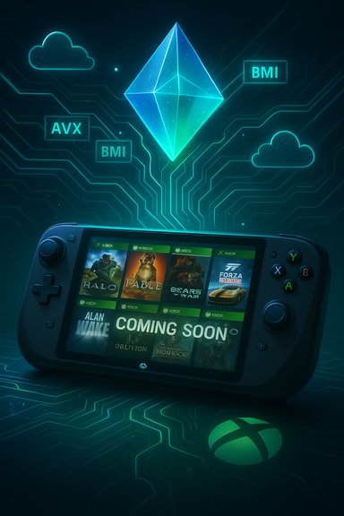 A futuristic handheld console glows amid neon circuitry, displaying a game library and a glowing diamond symbol.