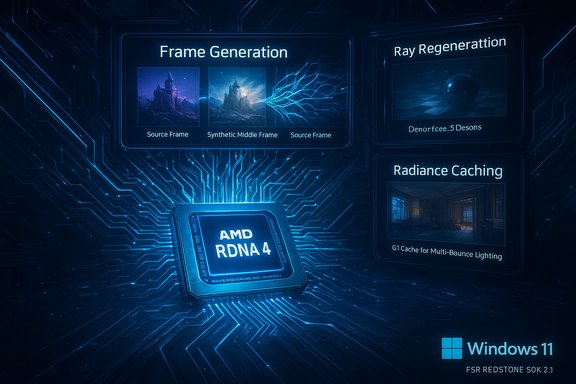 AMD RDNA 4 chip on a blue circuit board, with Frame Generation and Radiance Caching panels, Windows 11 logo.