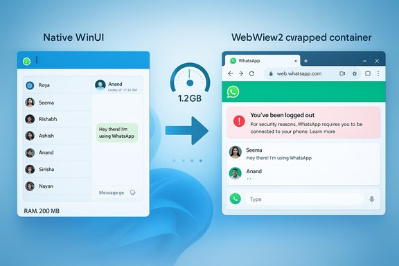 Side-by-side: a native WinUI chat app versus a WhatsApp WebView2 wrapped container.