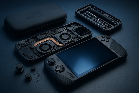 Opened handheld gaming console reveals its cooling system and copper heat pipe.