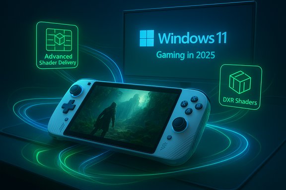 A handheld console glows amid neon shader icons and a Windows 11 Gaming in 2025 showcase.
