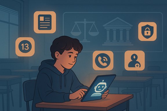 A student uses a tablet in a classroom, with legal and security icons projected around.