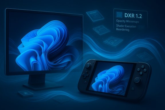 Blue-toned promo image showing a monitor and handheld console showcasing DXR 1.2 graphics. Blue-toned promo image showing a monitor and handheld console showcasing DXR 1.2 graphics.