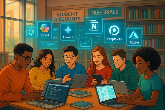 Diverse students gather around laptops in a library, studying glowing holographic app logos.