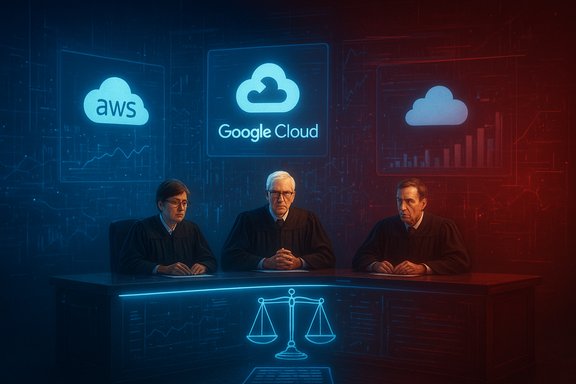 Three judges sit at a cloud-themed courtroom table beneath AWS and Google Cloud logos.